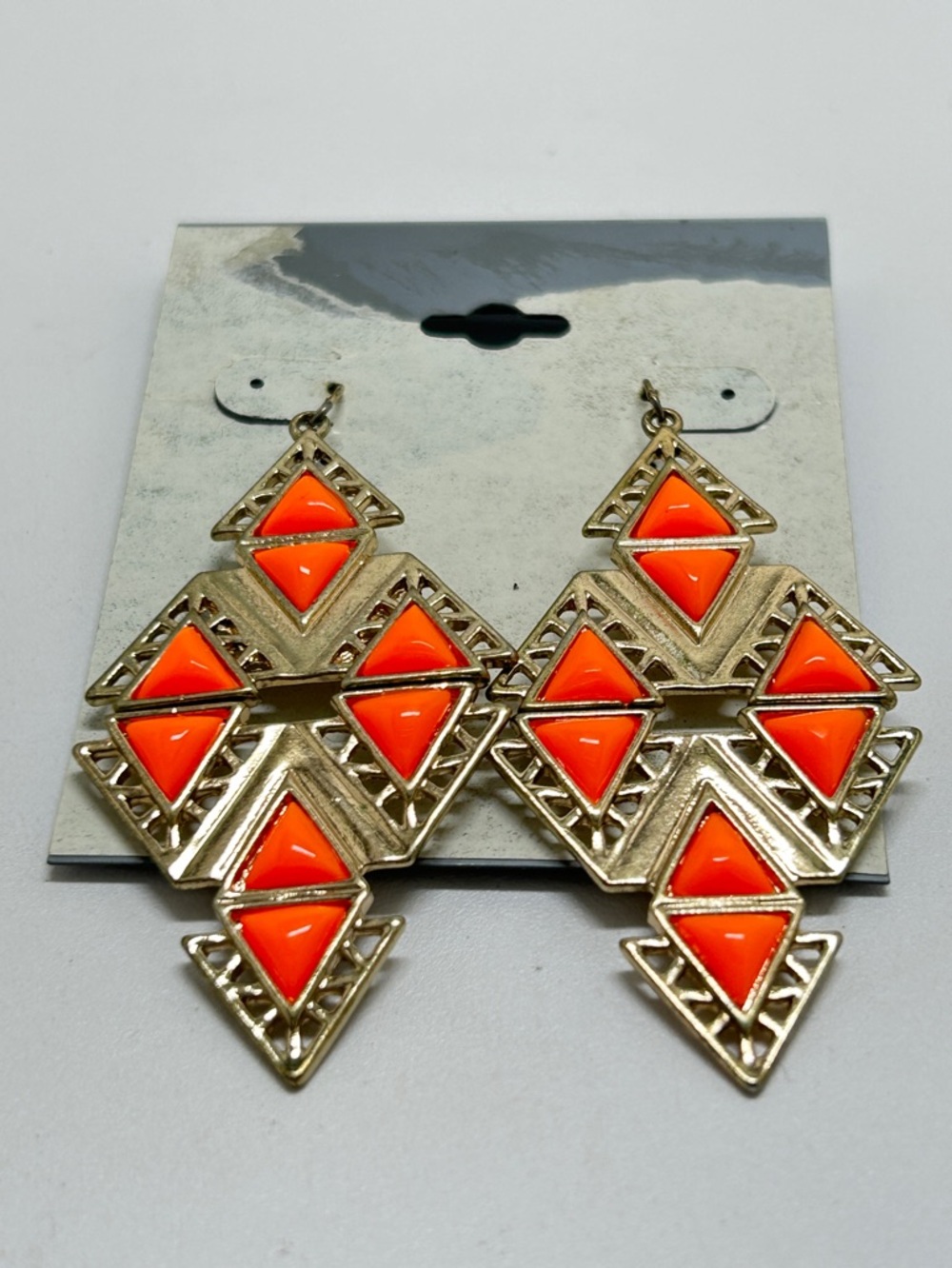 Crimzon Rose, Gold And Neon Orange Dangly Diamond Shaped Earrings, Wires, NOC